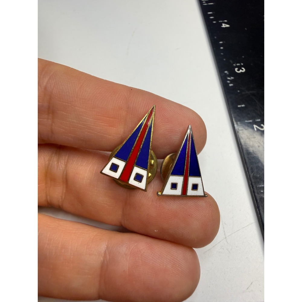 Vintage Geometric Enamel Triangle Lapel Pins Red White Blue Gold Tone Set of 2